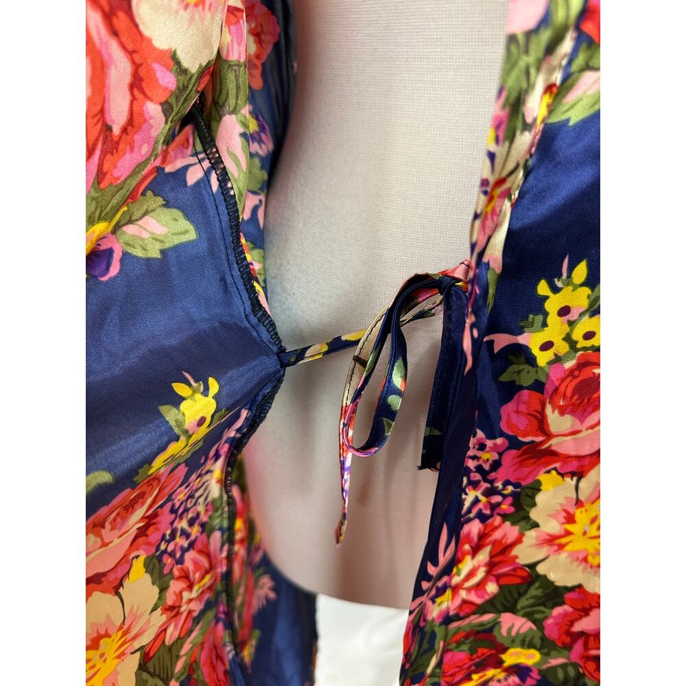 Lightweight Satin Navy Blue Floral Robe with Yellow Pink Belted - Picture 9 of 10